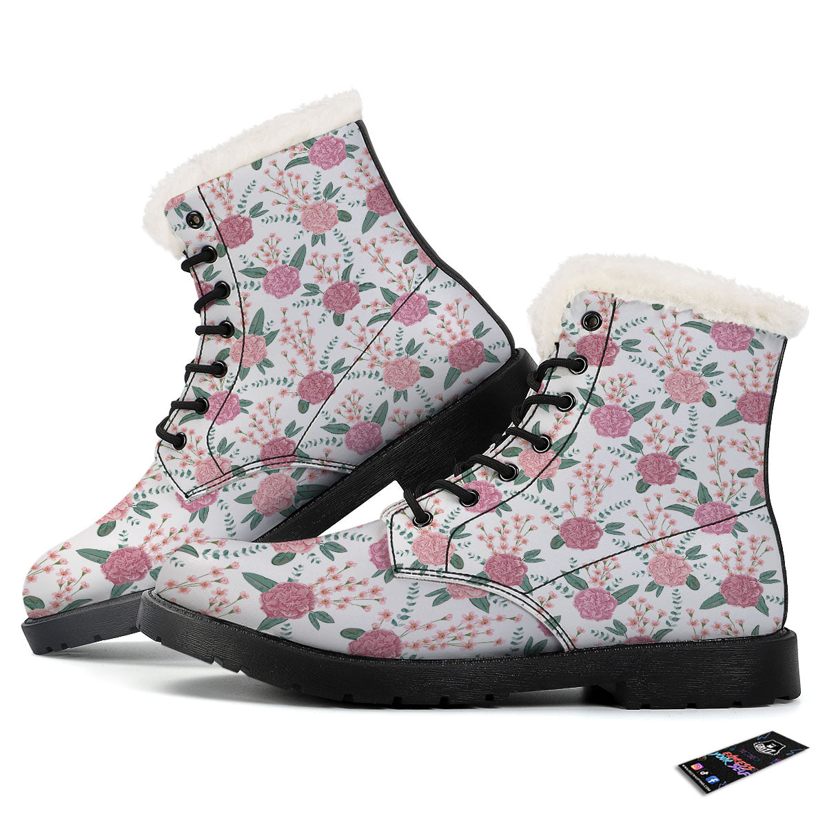 Pink Carnation White Print Pattern Winter Boots-grizzshop