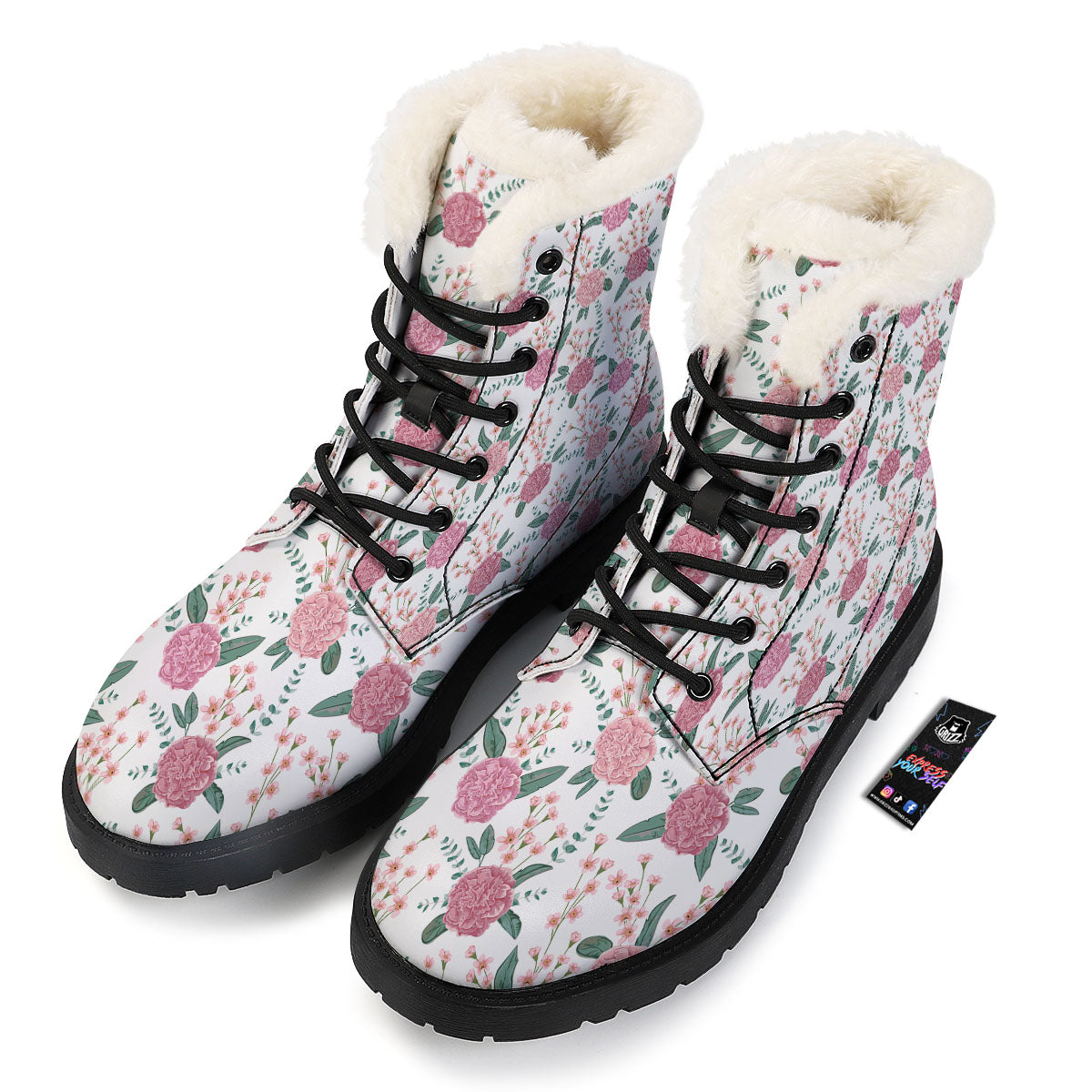 Pink Carnation White Print Pattern Winter Boots-grizzshop