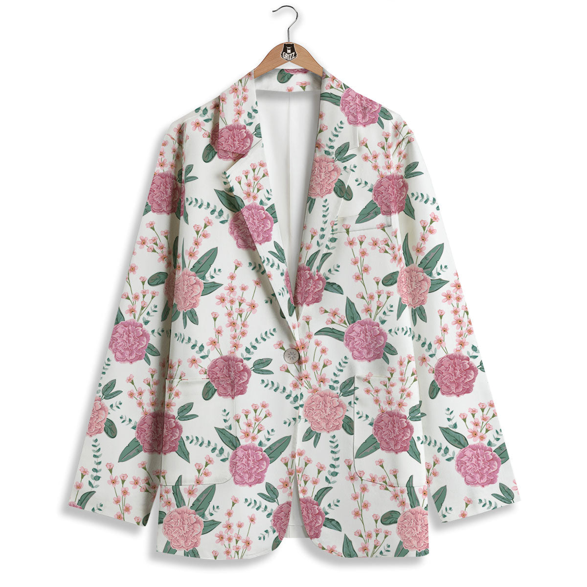 Pink Carnation White Print Pattern Women's Blazer-grizzshop