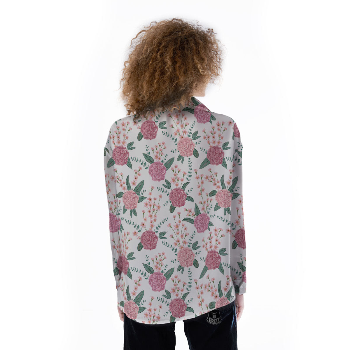 Pink Carnation White Print Pattern Women's Long Sleeve Shirts-grizzshop