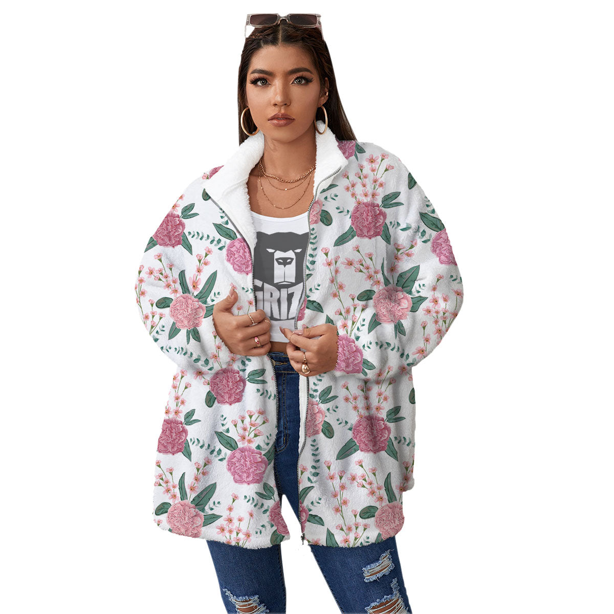 Pink Carnation White Print Pattern Women's Sherpa Jacket-grizzshop