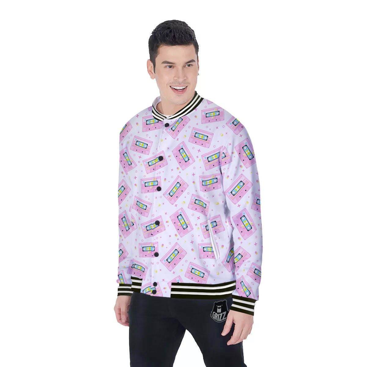 Pink Cassette Tape White Print Pattern Baseball Jacket-grizzshop