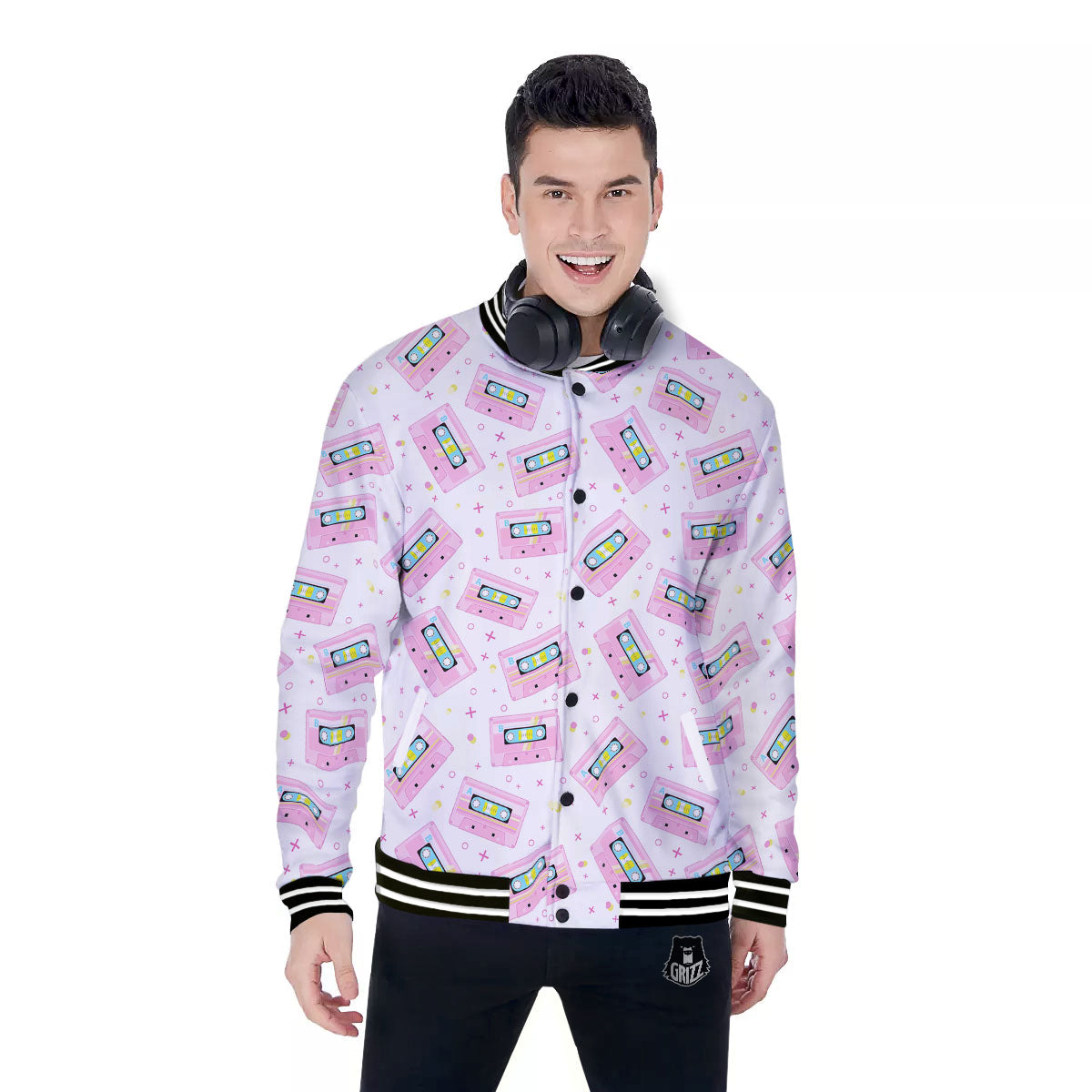 Pink Cassette Tape White Print Pattern Baseball Jacket-grizzshop