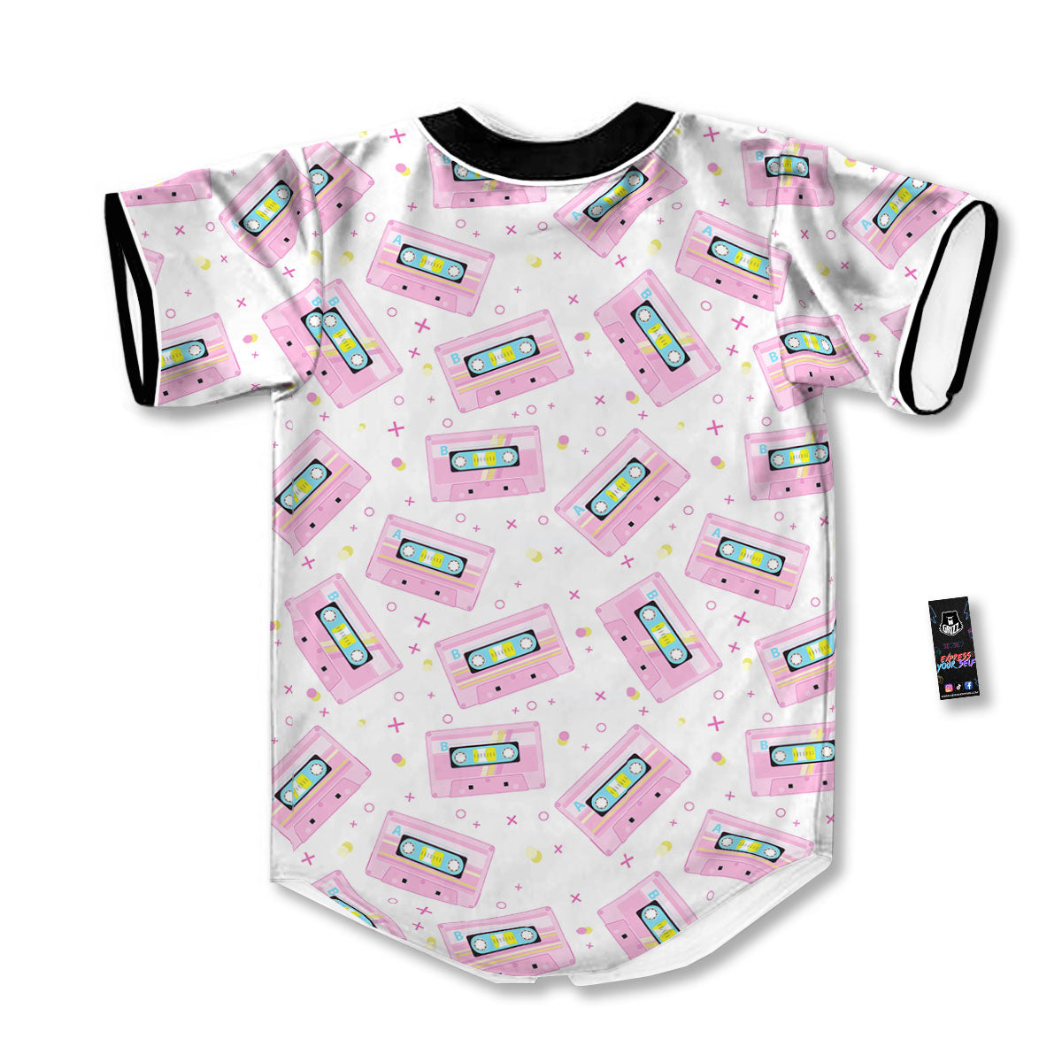 Pink Cassette Tape White Print Pattern Baseball Jersey-grizzshop