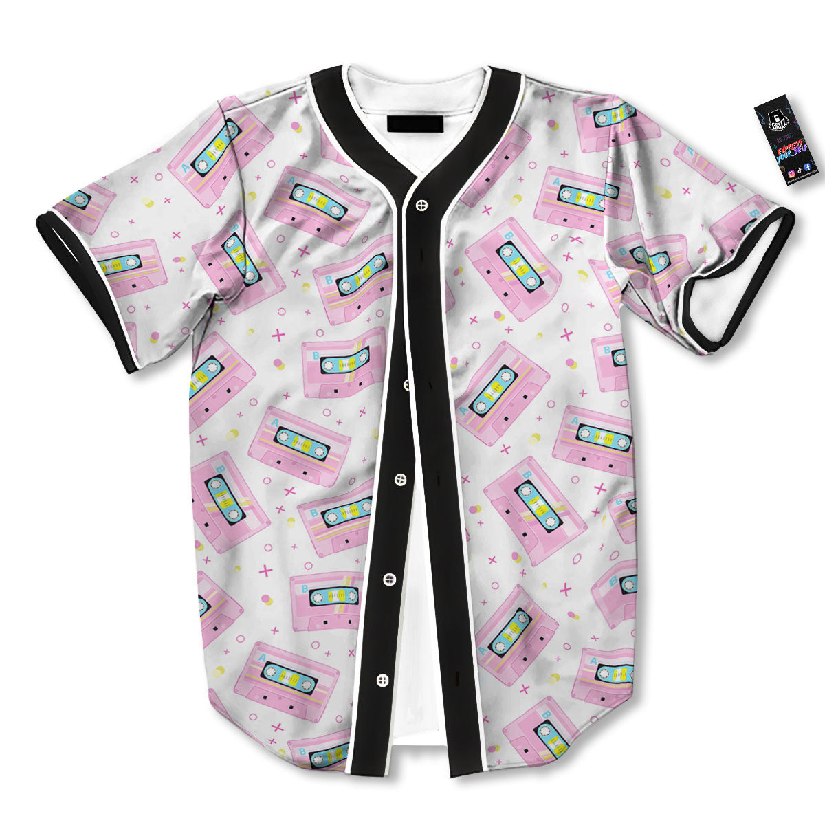 Pink Cassette Tape White Print Pattern Baseball Jersey-grizzshop