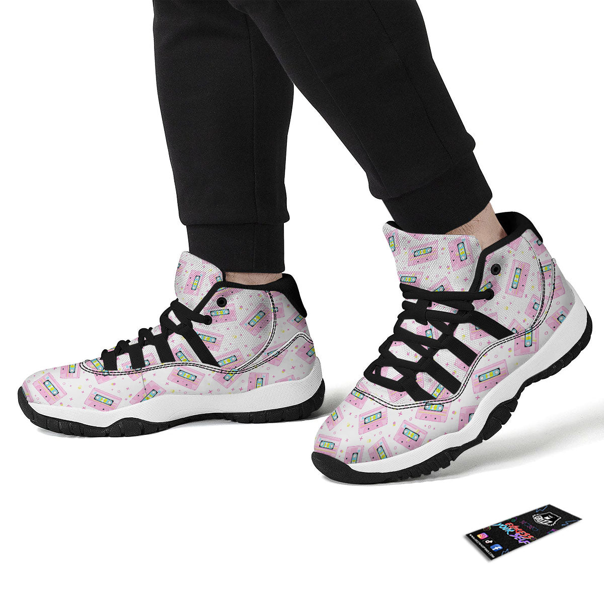 Pink Cassette Tape White Print Pattern Black Bball Shoes-grizzshop