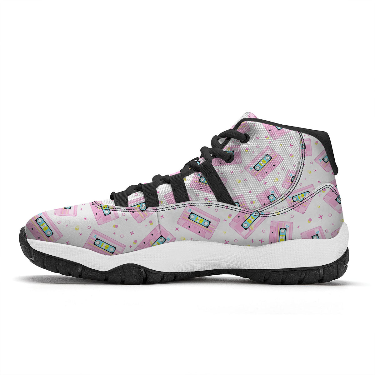 Pink Cassette Tape White Print Pattern Black Bball Shoes-grizzshop