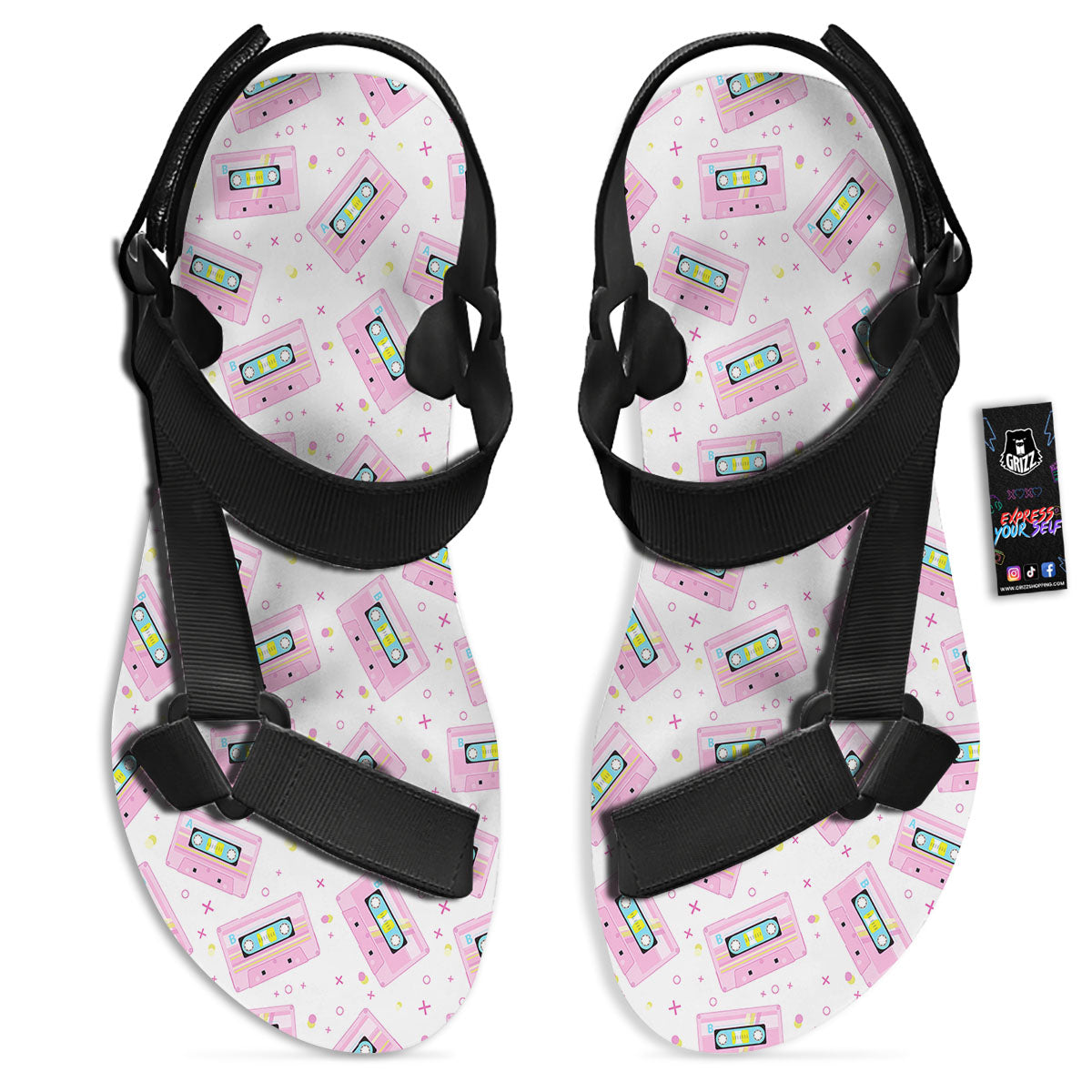 Pink Cassette Tape White Print Pattern Black Open Toe Sandals-grizzshop