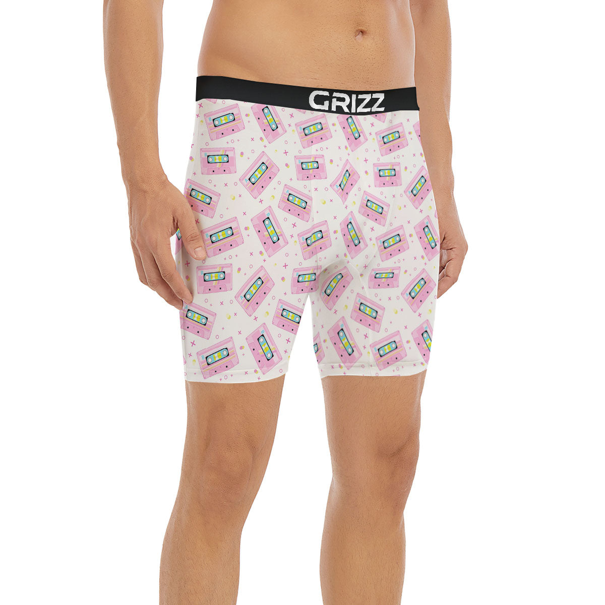 Pink Cassette Tape White Print Pattern Boxer Briefs-grizzshop