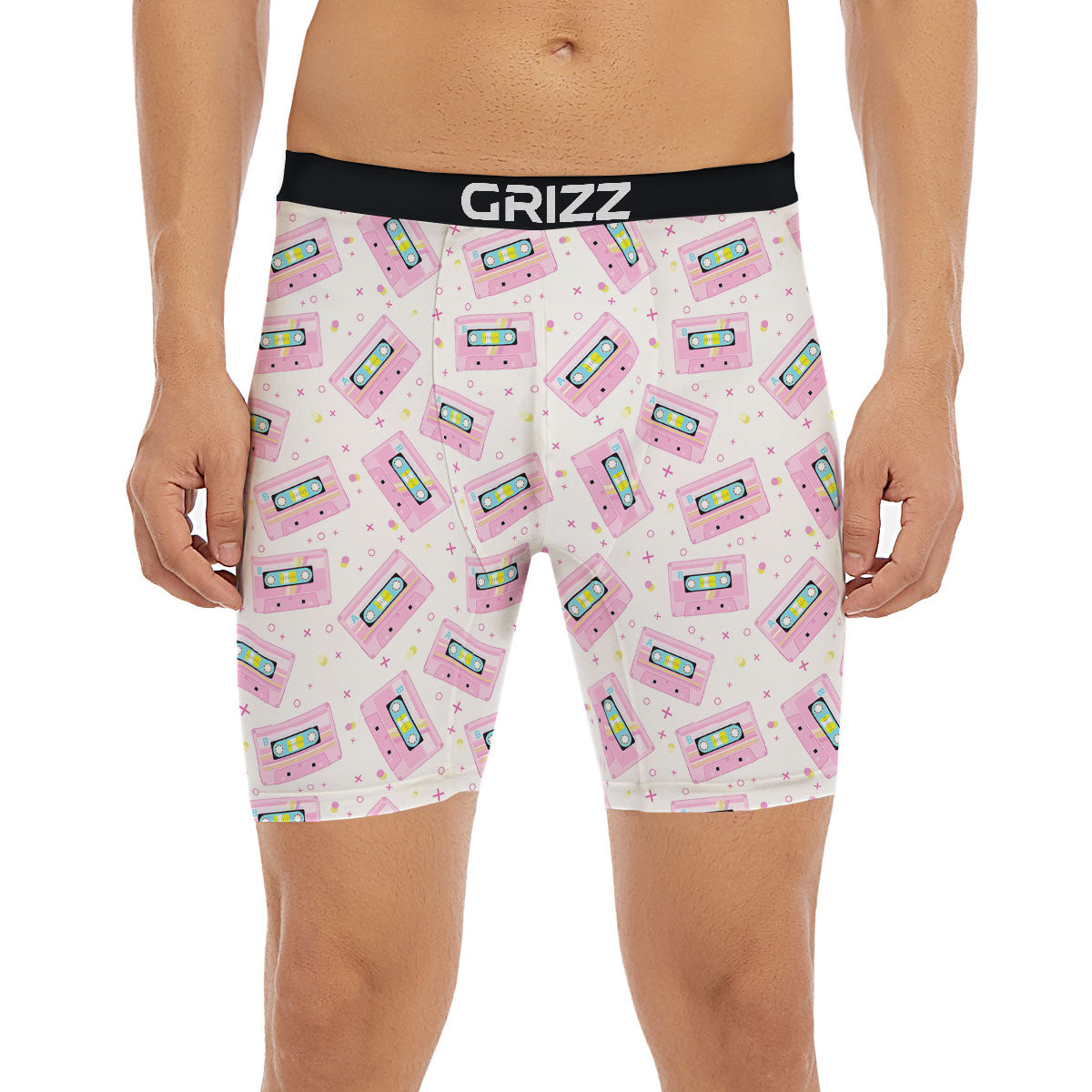 Pink Cassette Tape White Print Pattern Boxer Briefs-grizzshop