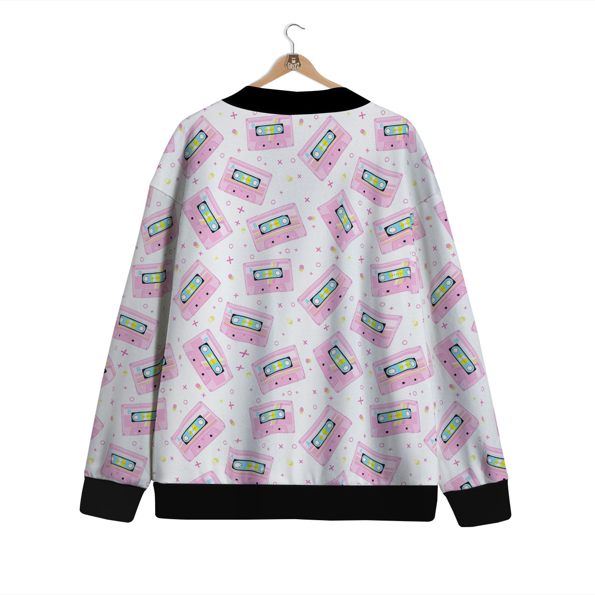 Pink Cassette Tape White Print Pattern Cardigan-grizzshop
