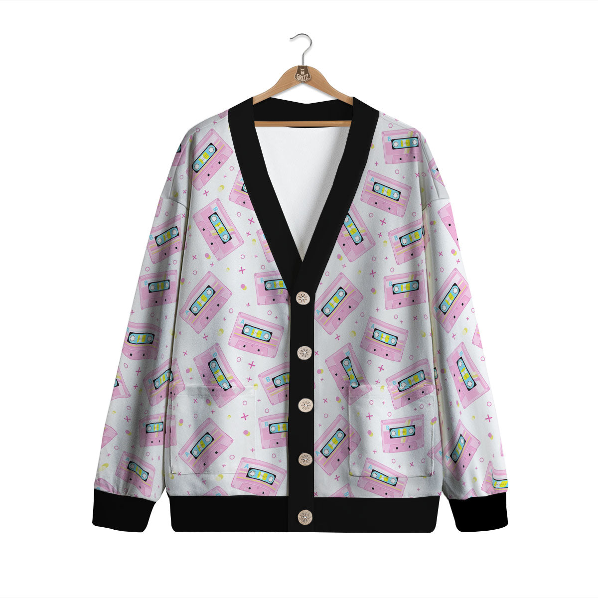 Pink Cassette Tape White Print Pattern Cardigan-grizzshop