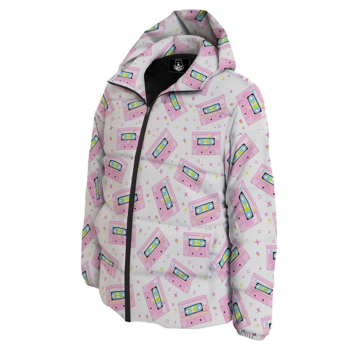 Pink Cassette Tape White Print Pattern Down Jacket-grizzshop