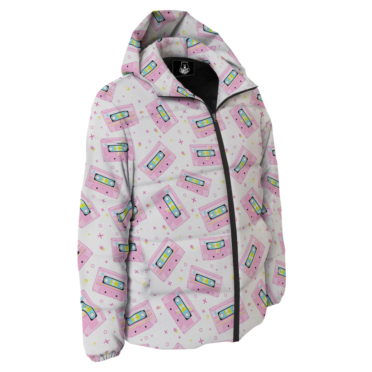 Pink Cassette Tape White Print Pattern Down Jacket-grizzshop