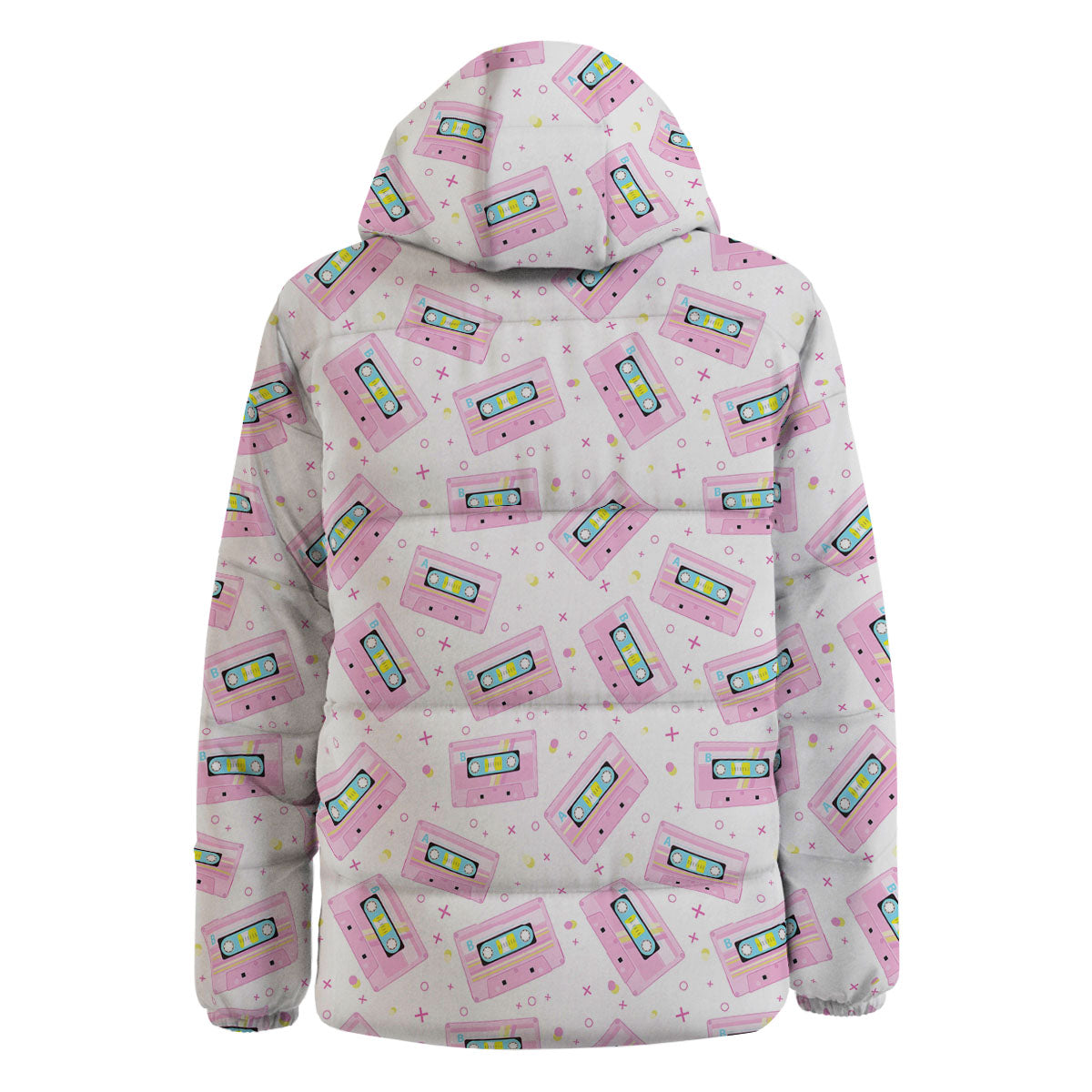 Pink Cassette Tape White Print Pattern Down Jacket-grizzshop