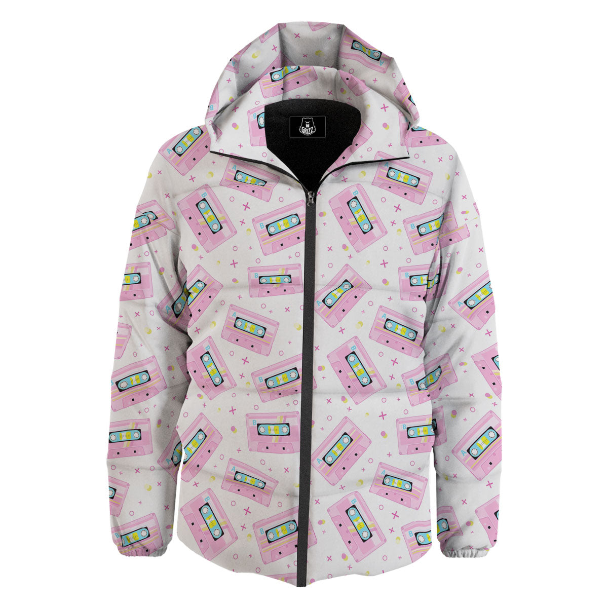 Pink Cassette Tape White Print Pattern Down Jacket-grizzshop
