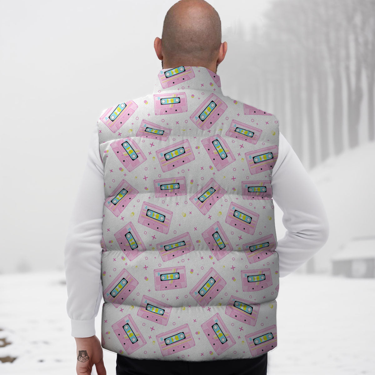 Pink Cassette Tape White Print Pattern Down Vest