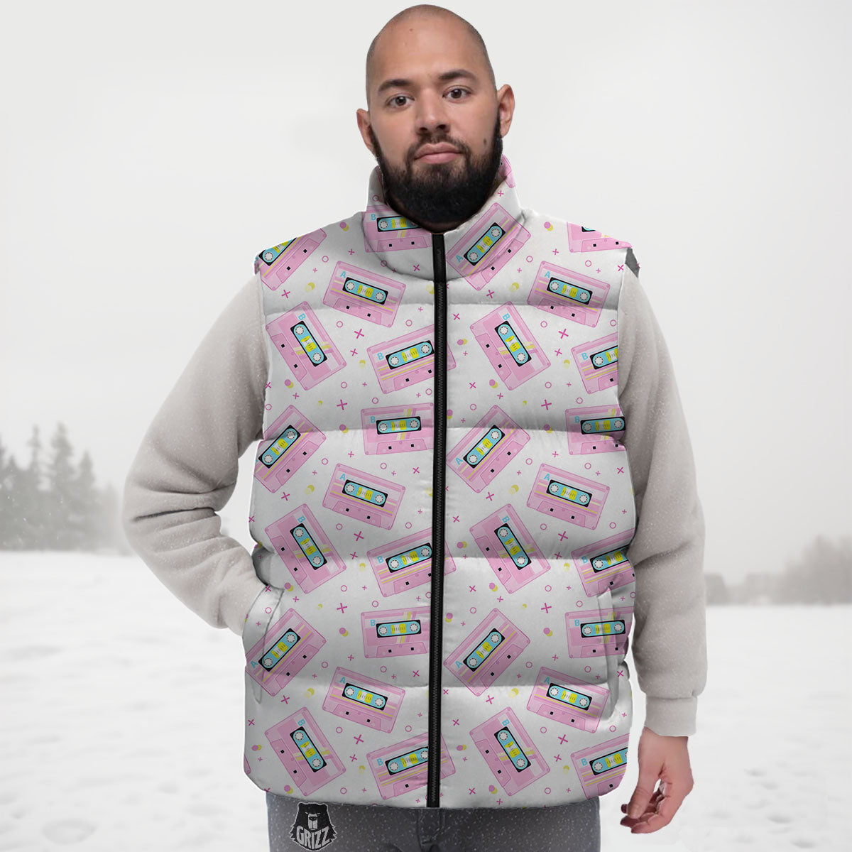 Pink Cassette Tape White Print Pattern Down Vest