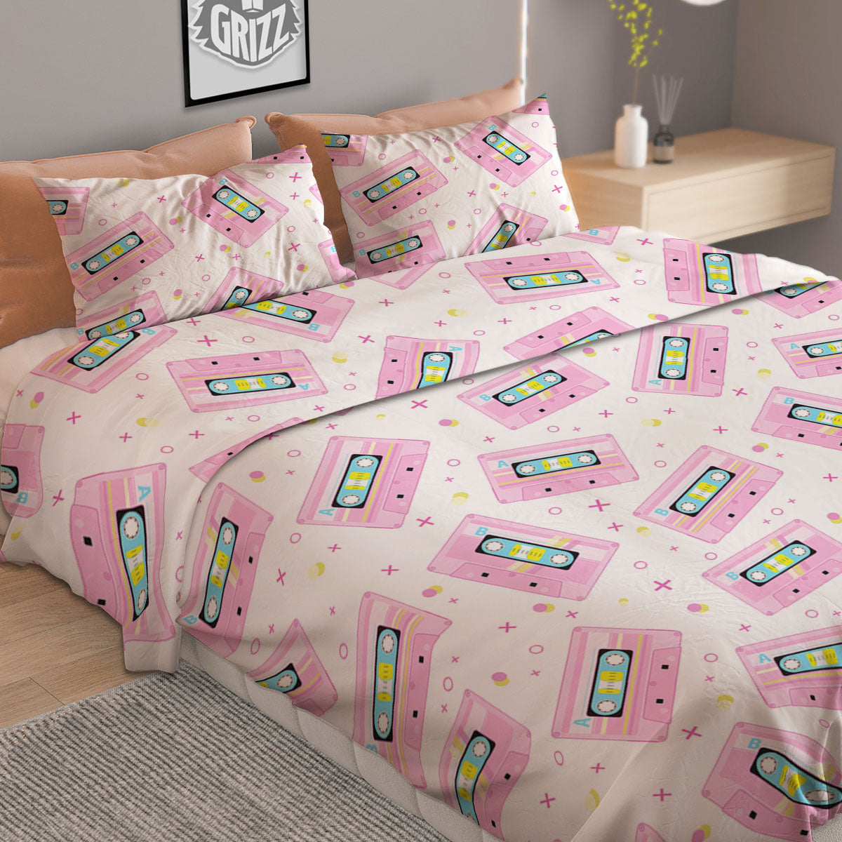 Pink Cassette Tape White Print Pattern Duvet Cover Bedding Set
