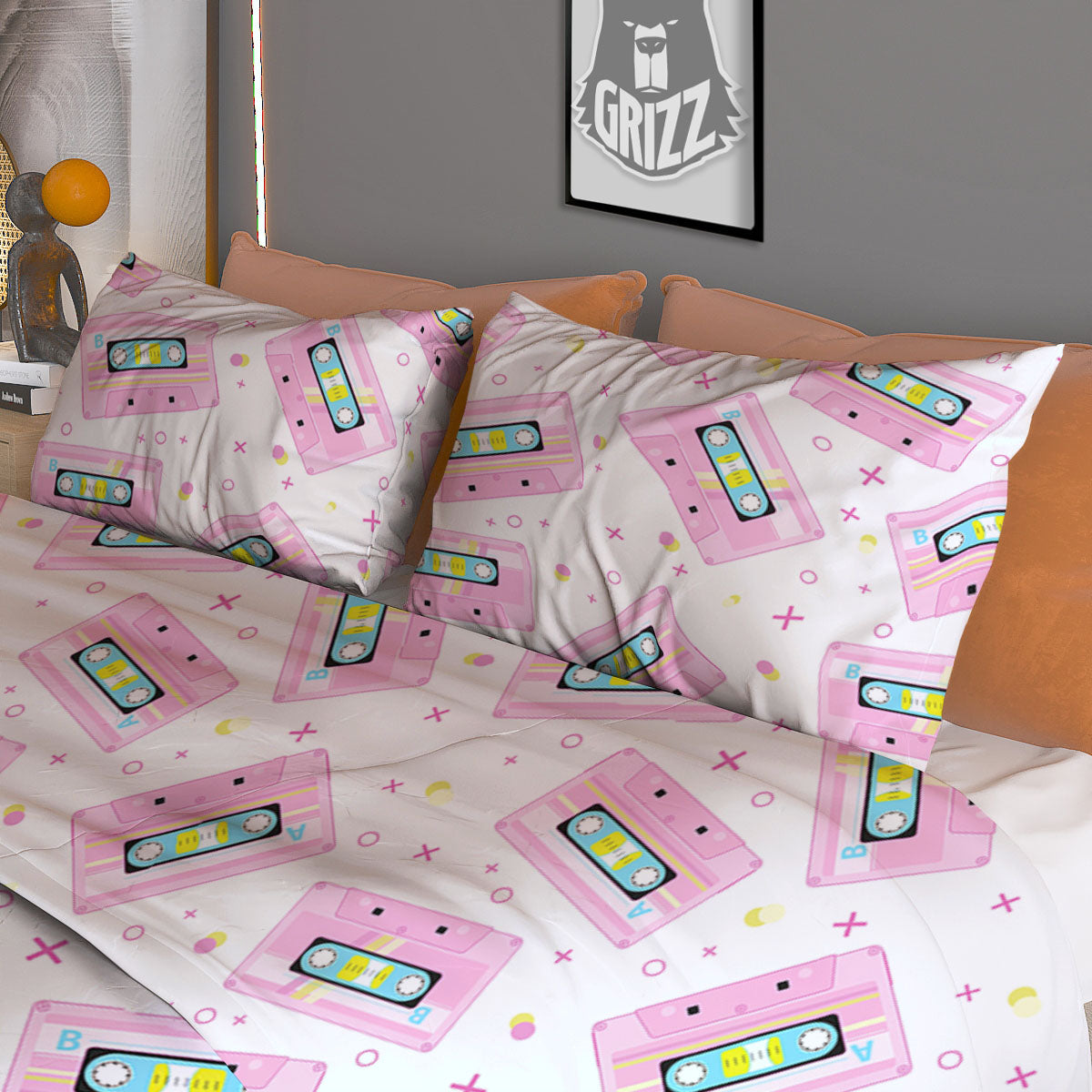 Pink Cassette Tape White Print Pattern Duvet Cover Bedding Set