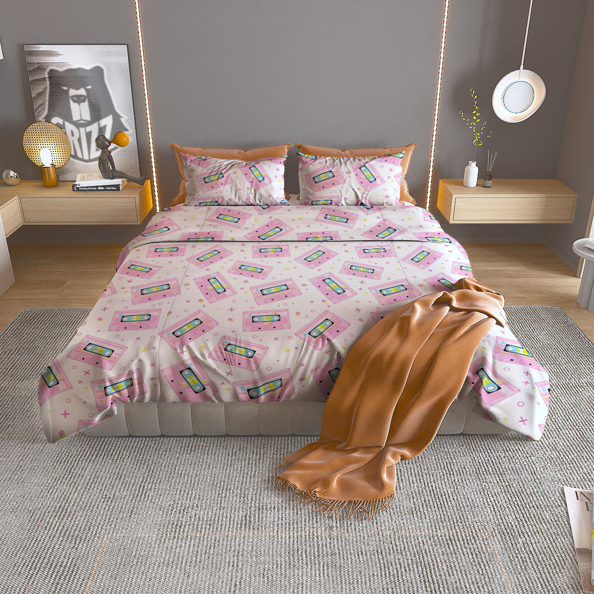 Pink Cassette Tape White Print Pattern Duvet Cover Bedding Set