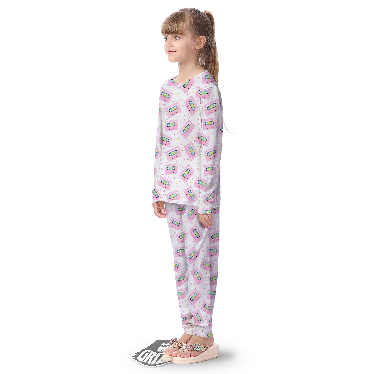 Pink Cassette Tape White Print Pattern Kid's Pajamas-grizzshop
