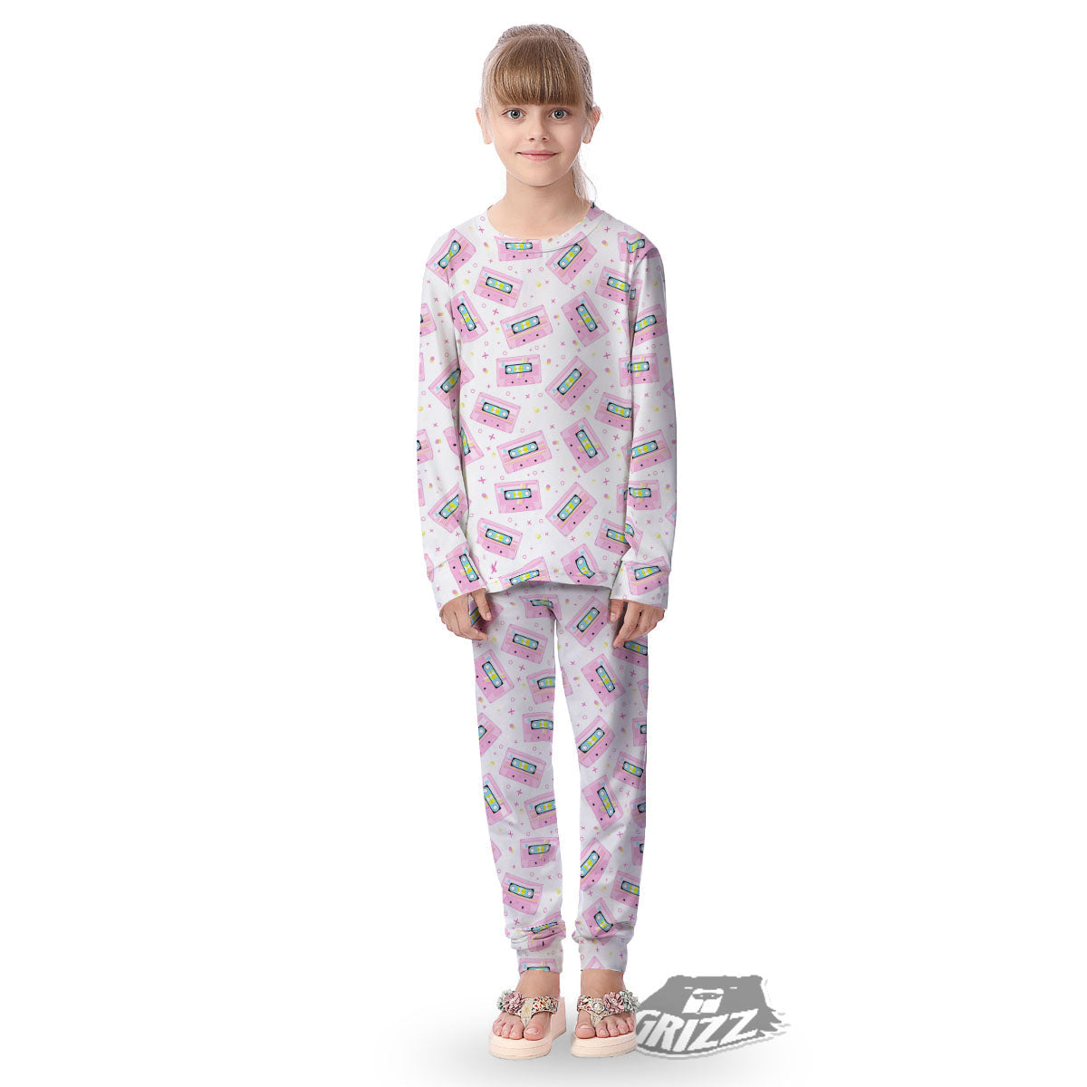 Pink Cassette Tape White Print Pattern Kid's Pajamas-grizzshop