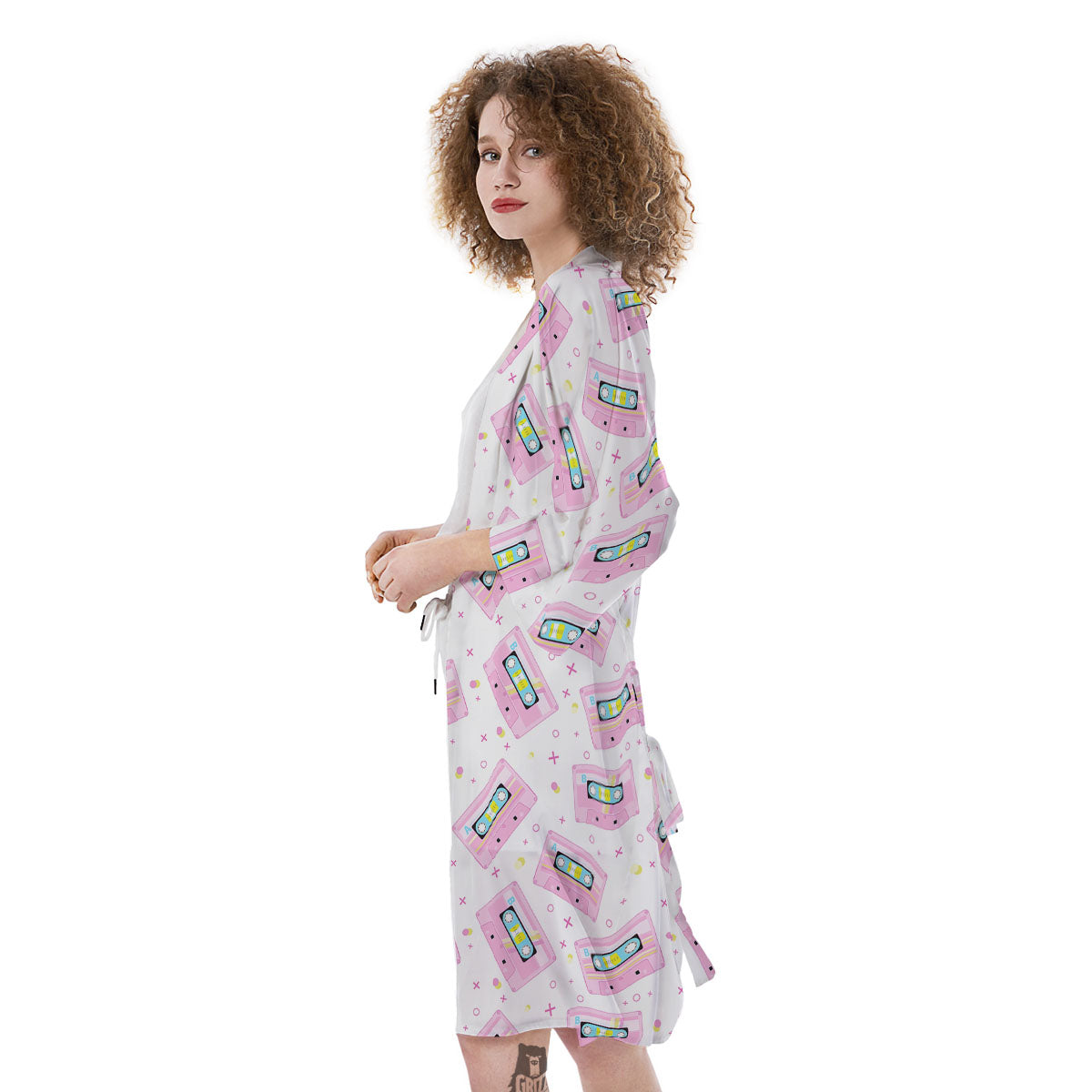 Pink Cassette Tape White Print Pattern Kimono-grizzshop