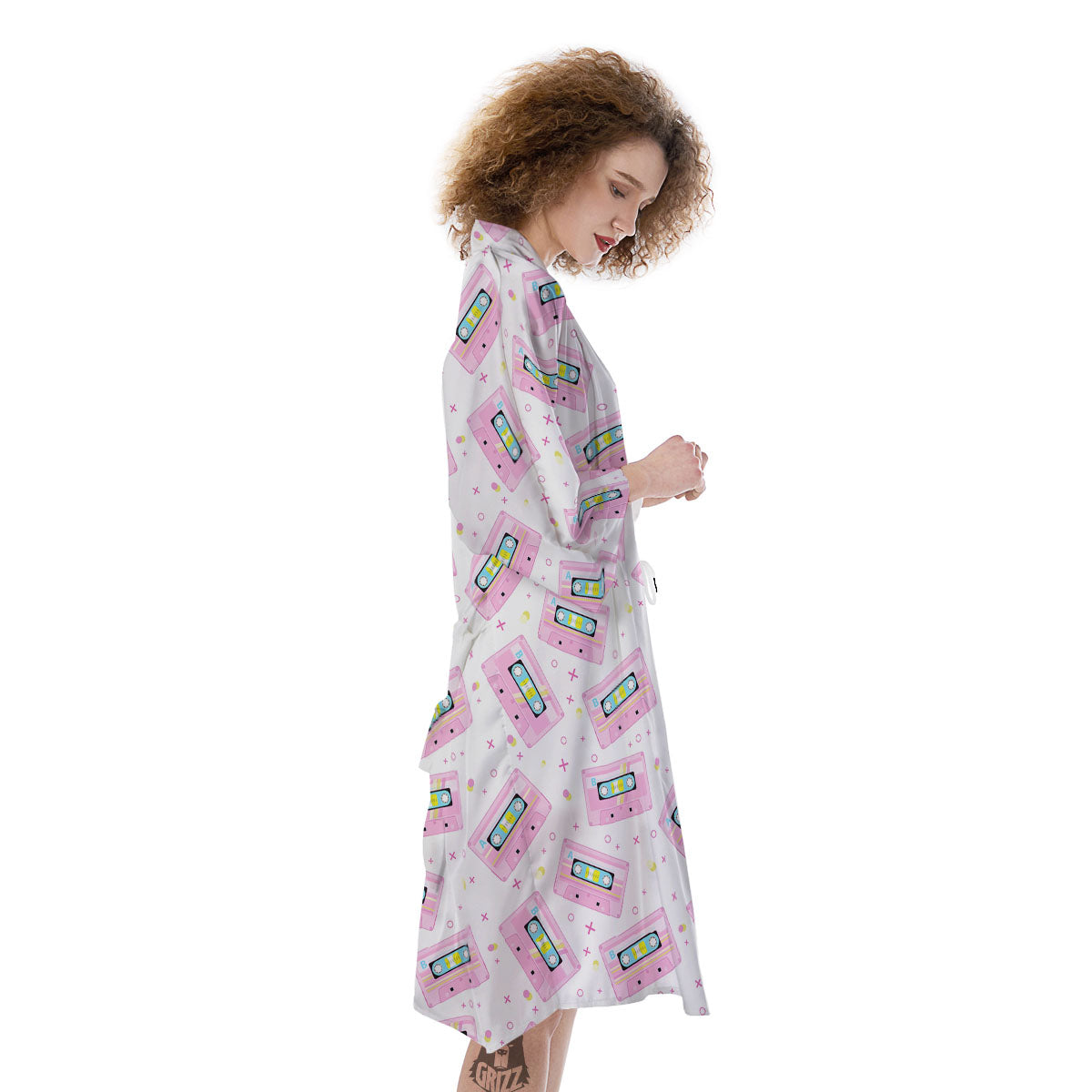 Pink Cassette Tape White Print Pattern Kimono-grizzshop