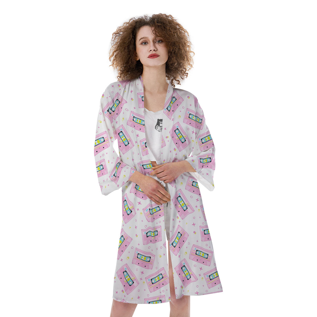 Pink Cassette Tape White Print Pattern Kimono-grizzshop