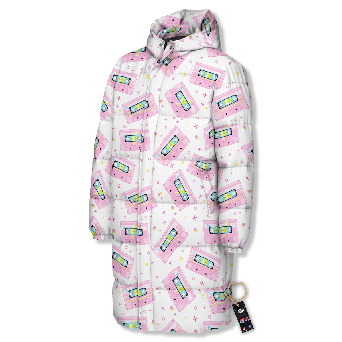 Pink Cassette Tape White Print Pattern Long Down Jacket-grizzshop