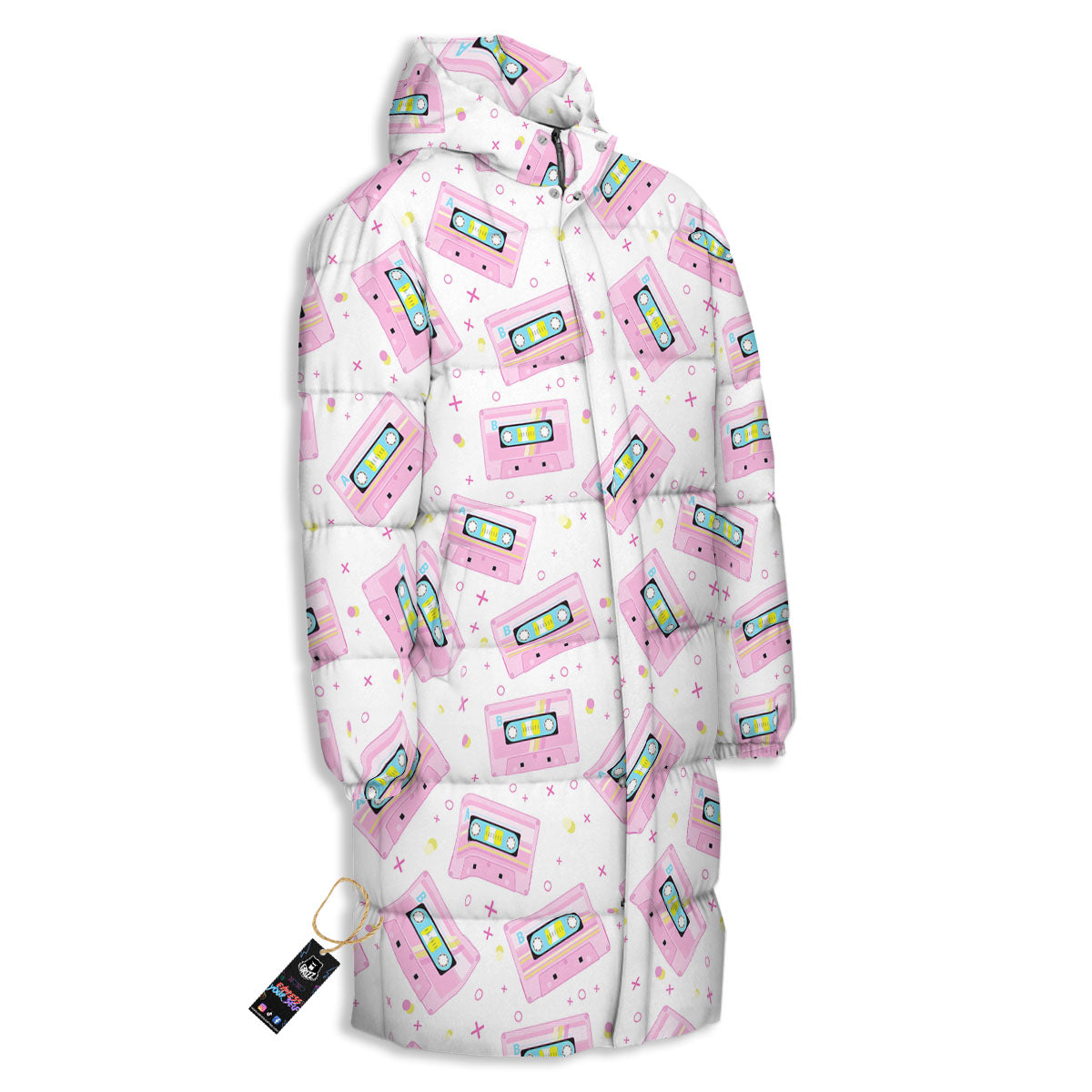 Pink Cassette Tape White Print Pattern Long Down Jacket-grizzshop
