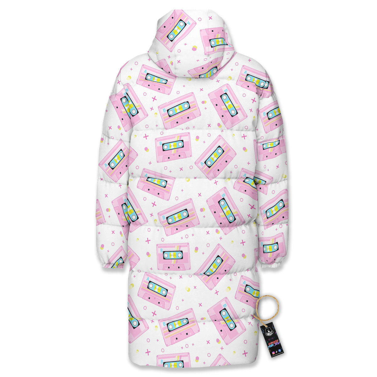 Pink Cassette Tape White Print Pattern Long Down Jacket-grizzshop