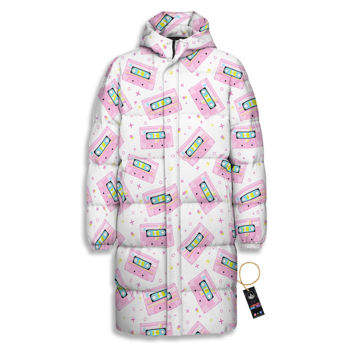 Pink Cassette Tape White Print Pattern Long Down Jacket-grizzshop