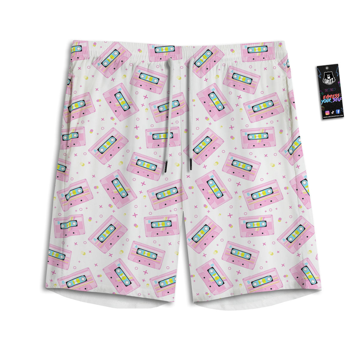Pink Cassette Tape White Print Pattern Men's Athletic Shorts