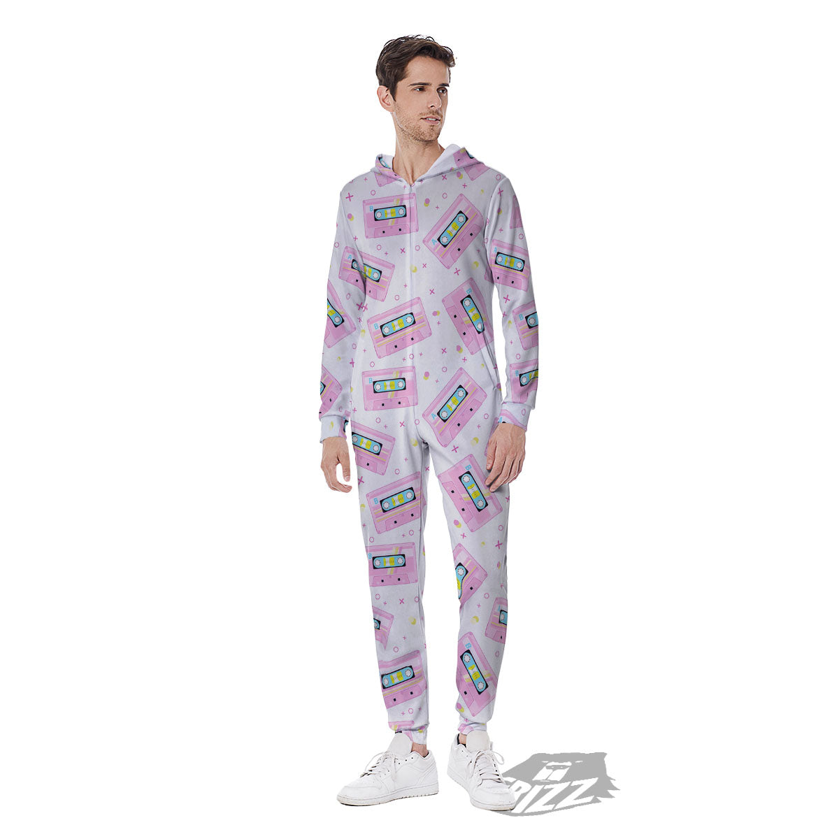 Pink Cassette Tape White Print Pattern Men's Jumpsuit-grizzshop