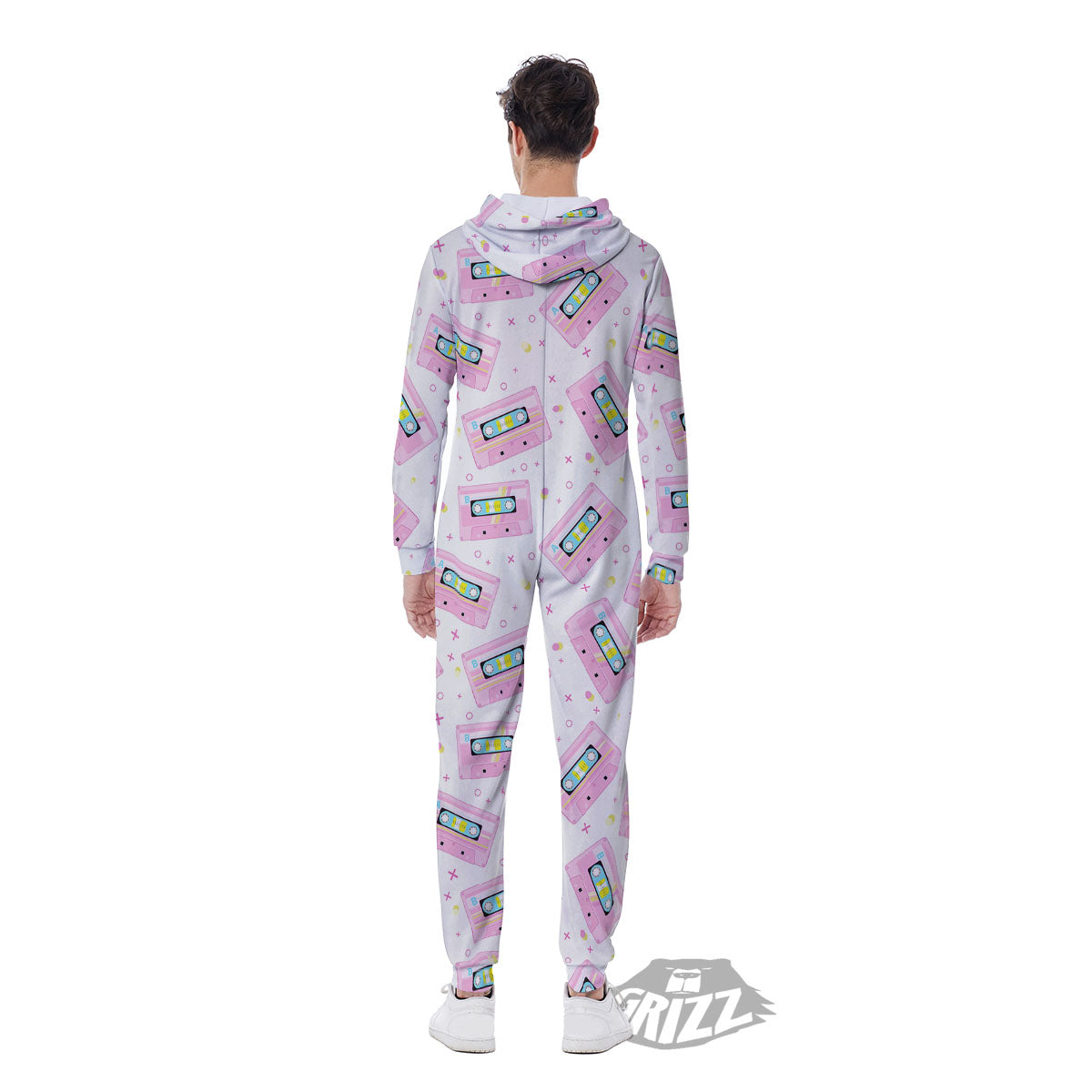 Pink Cassette Tape White Print Pattern Men's Jumpsuit-grizzshop