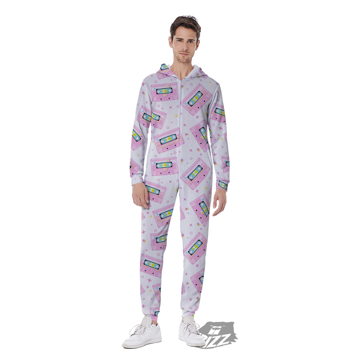 Pink Cassette Tape White Print Pattern Men's Jumpsuit-grizzshop