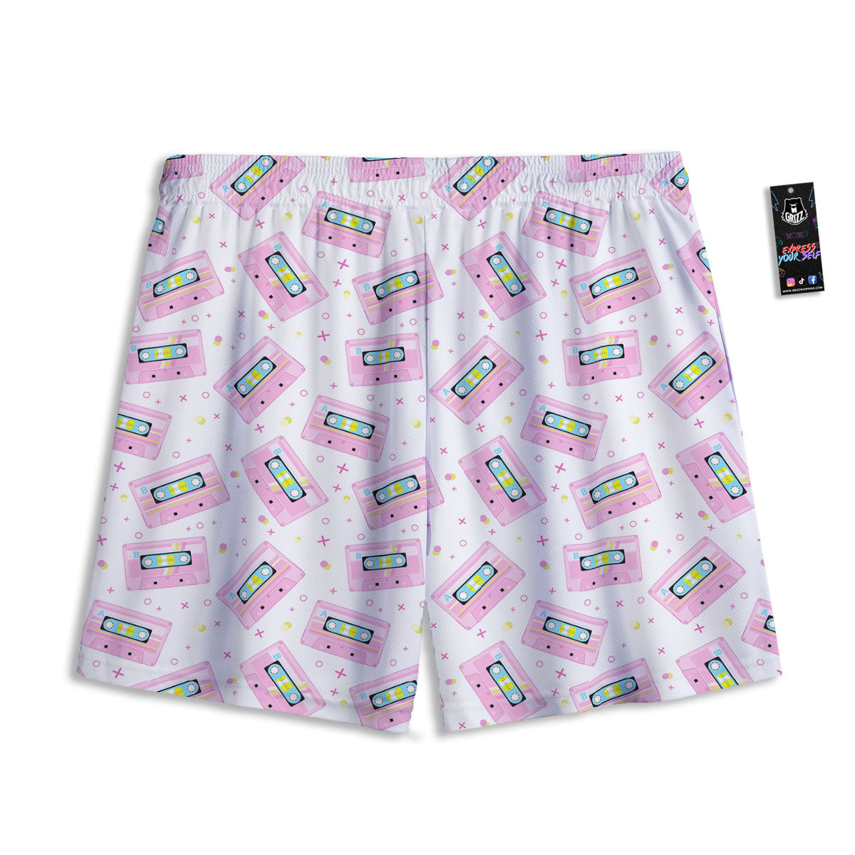 Pink Cassette Tape White Print Pattern Mesh Shorts