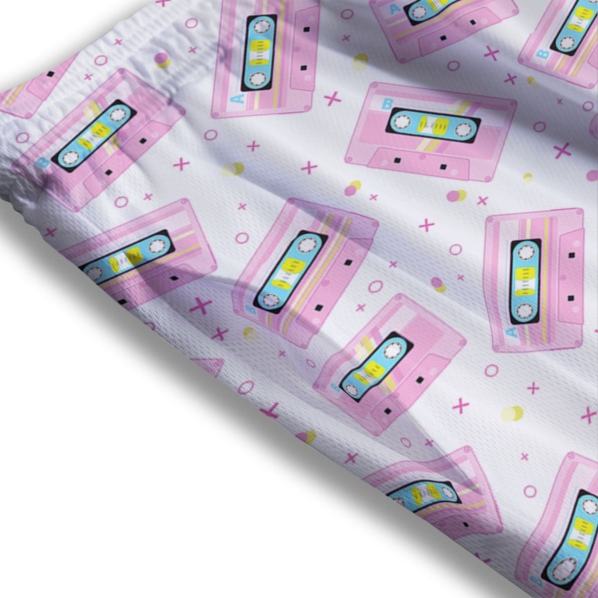 Pink Cassette Tape White Print Pattern Mesh Shorts