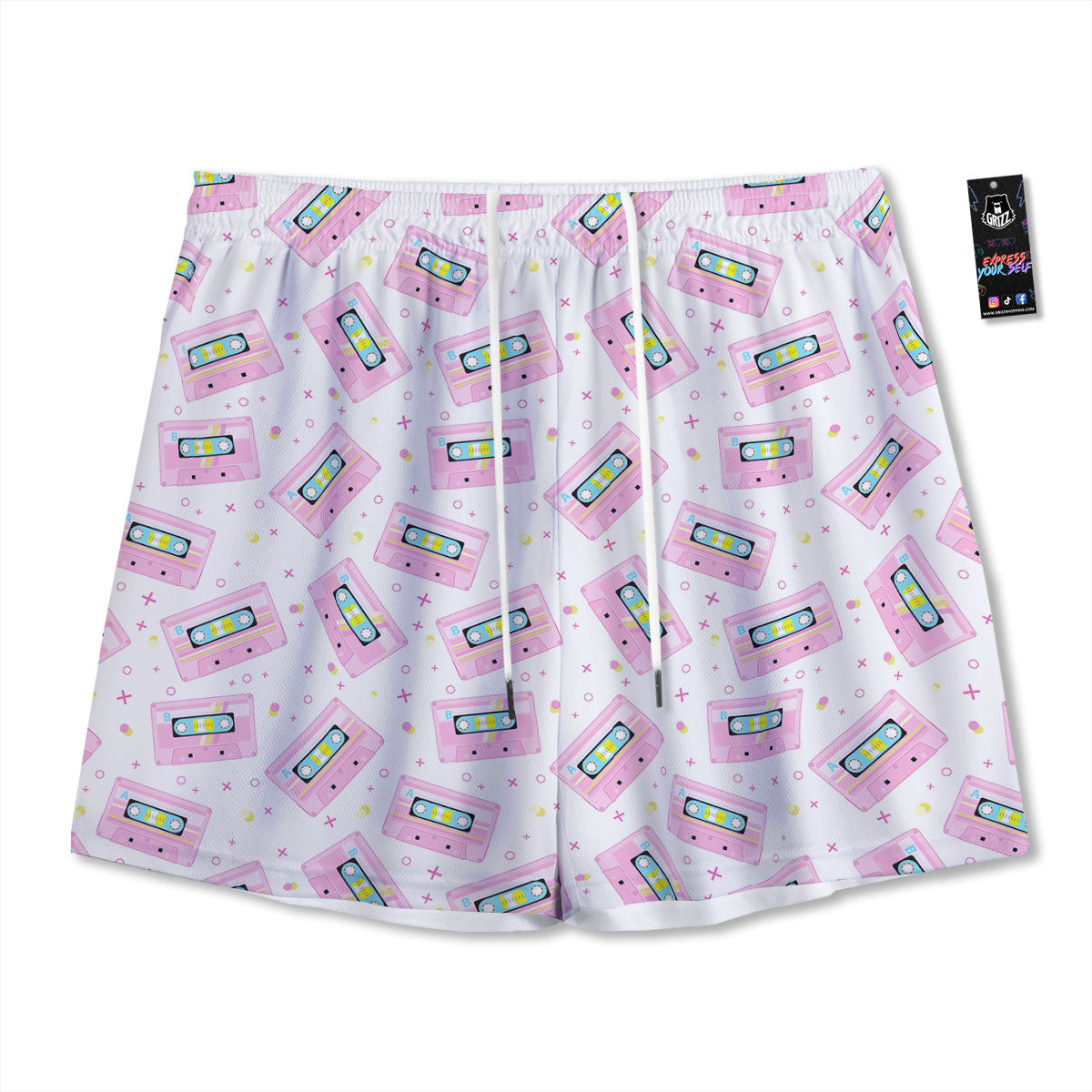 Pink Cassette Tape White Print Pattern Mesh Shorts
