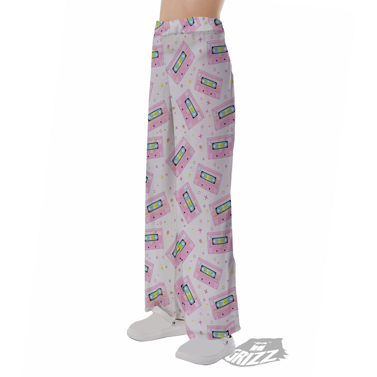 Pink Cassette Tape White Print Pattern Pajama Pants-grizzshop