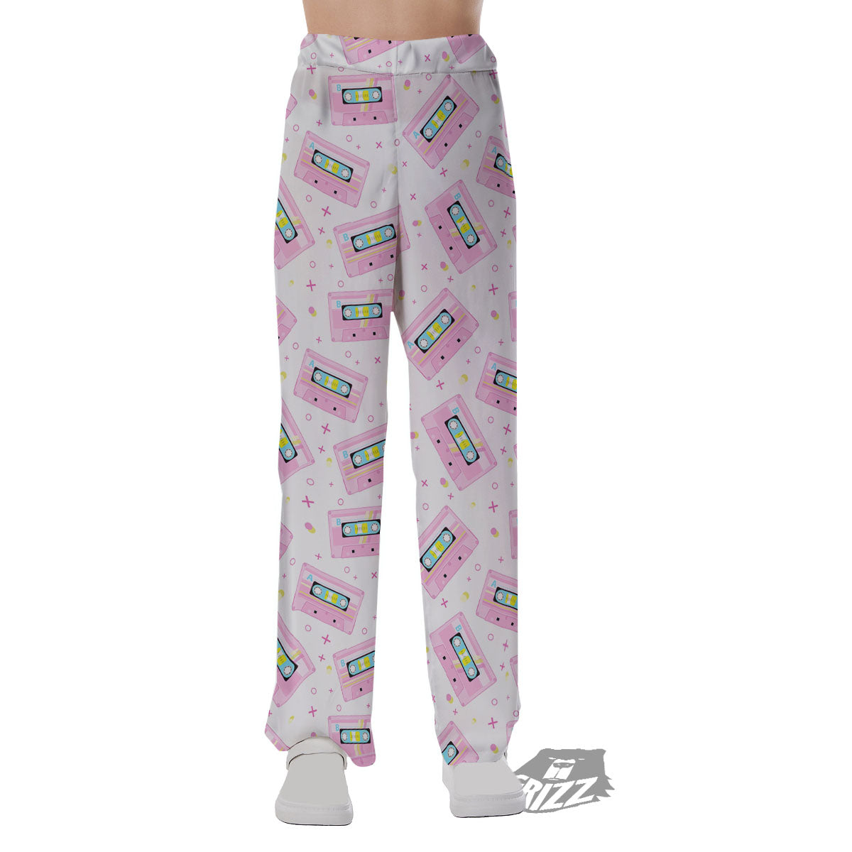 Pink Cassette Tape White Print Pattern Pajama Pants-grizzshop