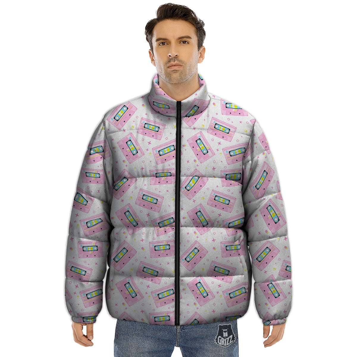 Pink Cassette Tape White Print Pattern Puffer Jacket-grizzshop