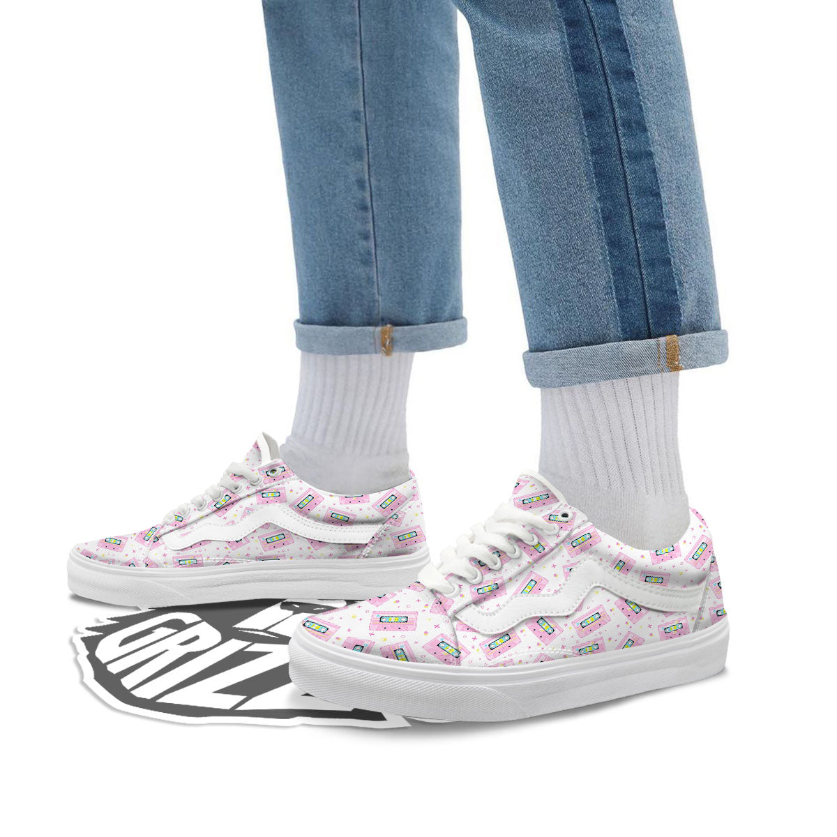 Pink Cassette Tape White Print Pattern Skate Shoes-grizzshop