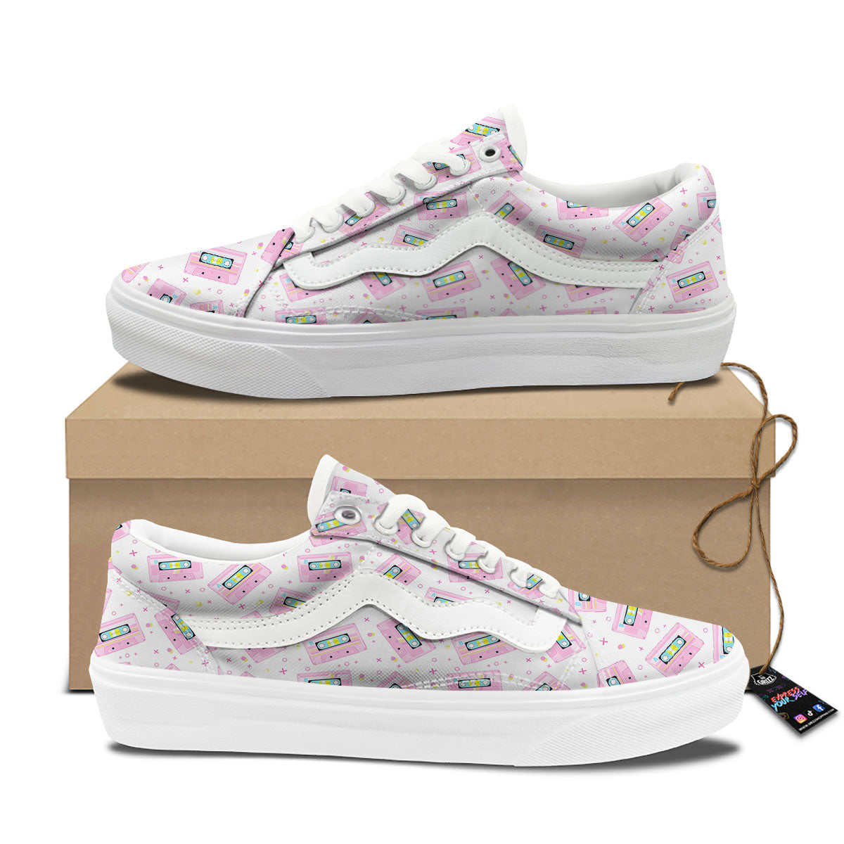 Pink Cassette Tape White Print Pattern Skate Shoes-grizzshop