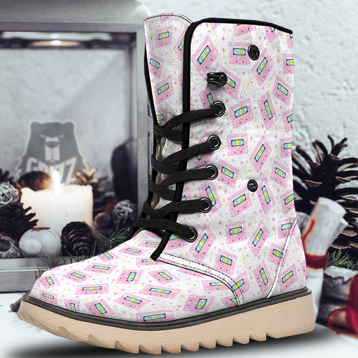Pink Cassette Tape White Print Pattern Snow Boots-grizzshop