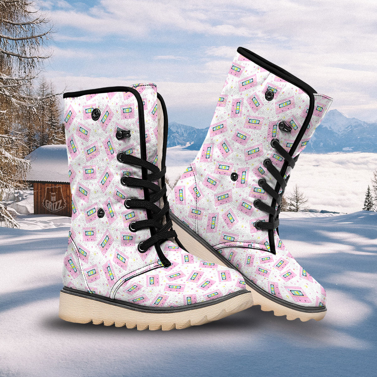 Pink Cassette Tape White Print Pattern Snow Boots-grizzshop