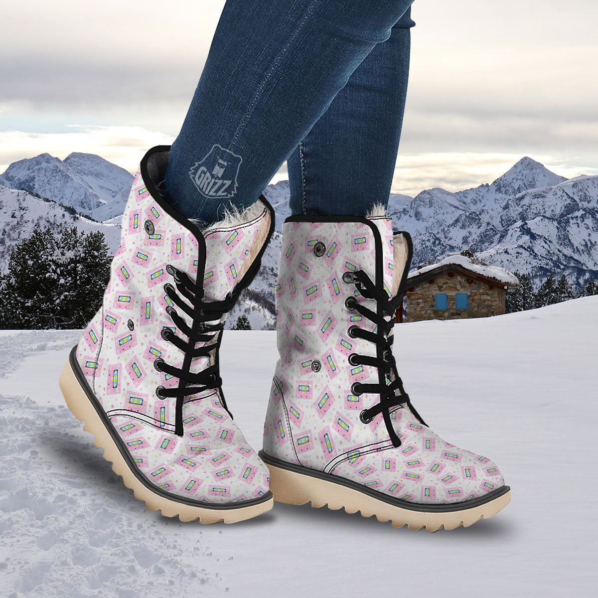 Pink Cassette Tape White Print Pattern Snow Boots-grizzshop
