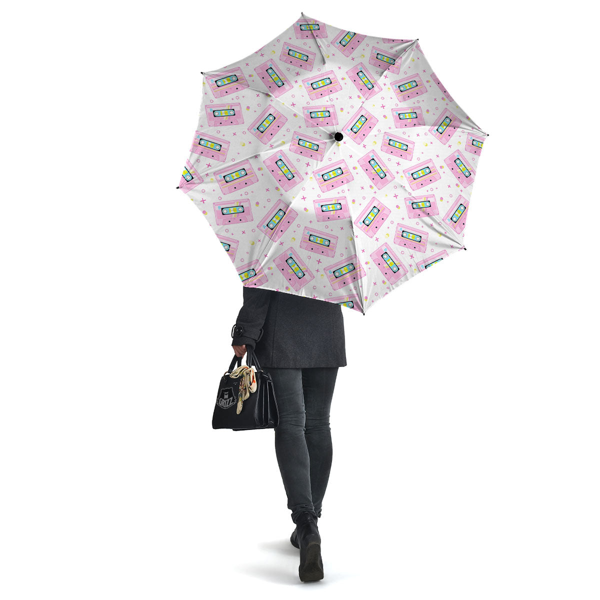 Pink Cassette Tape White Print Pattern Umbrella-grizzshop